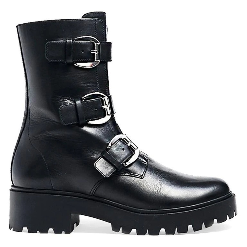 Black Leather Buckle Combat Boots - Women's